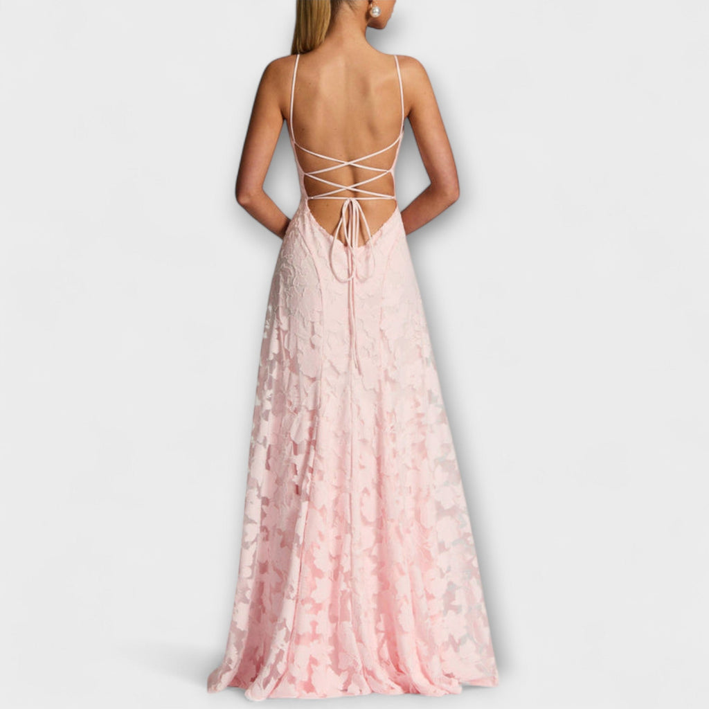 Kairi - Vestido maxi elegante con encaje floral y tirantes finos
