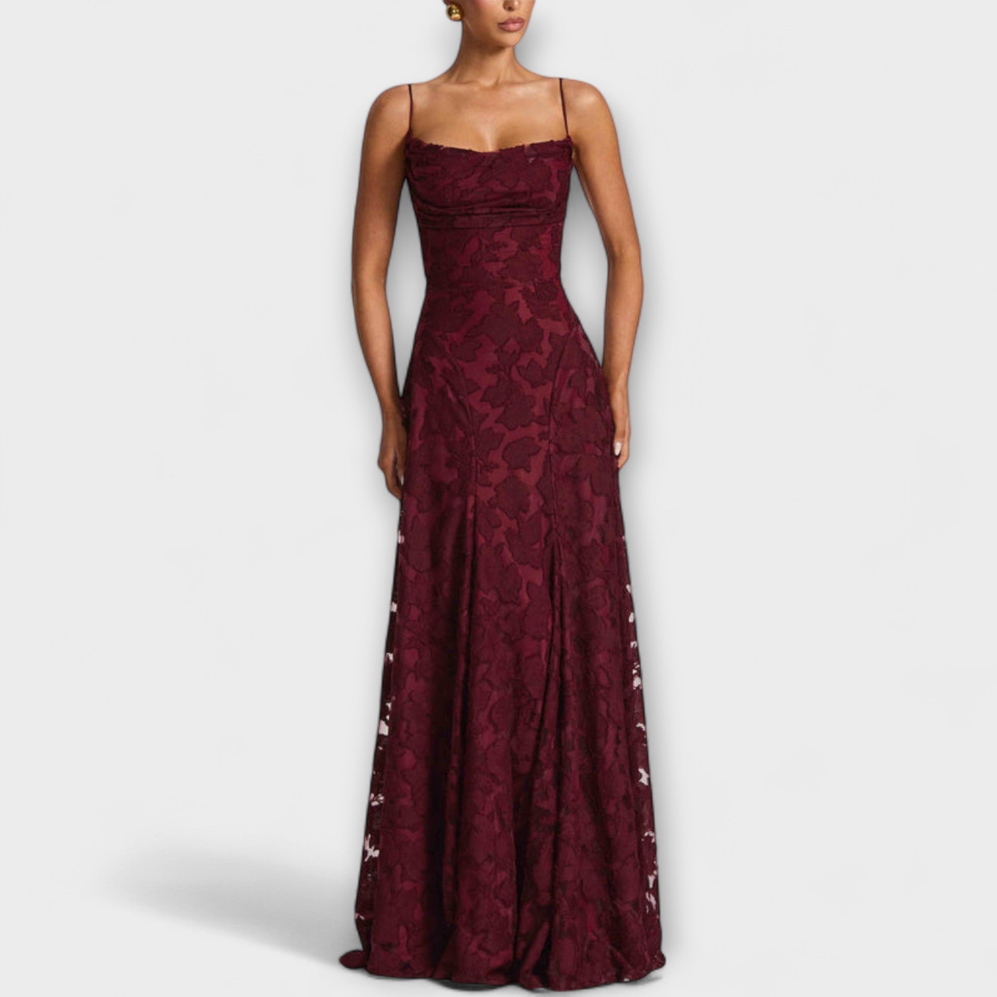 Kairi - Vestido maxi elegante con encaje floral y tirantes finos