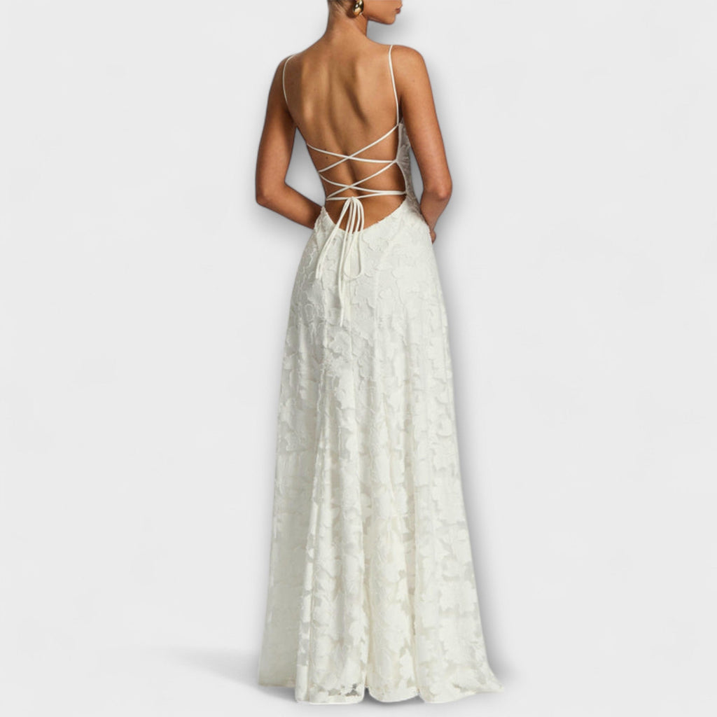 Kairi - Vestido maxi elegante con encaje floral y tirantes finos