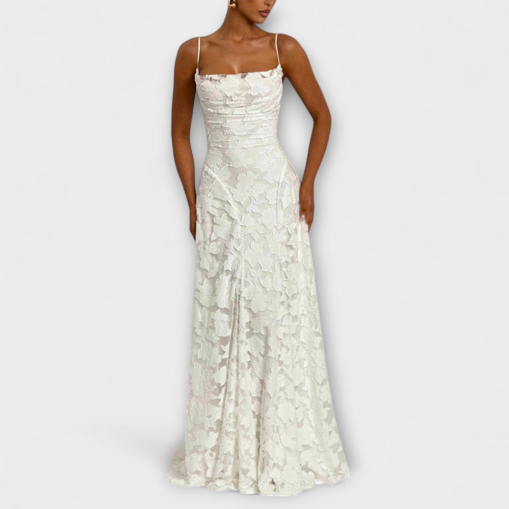 Kairi - Vestido maxi elegante con encaje floral y tirantes finos