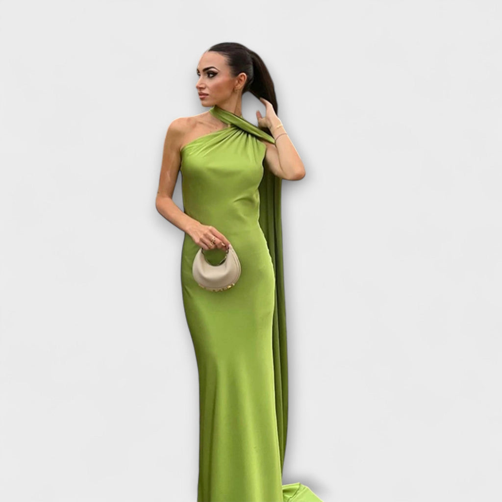 Vestido maxi elegante con hombros descubiertos y lazo al cuello