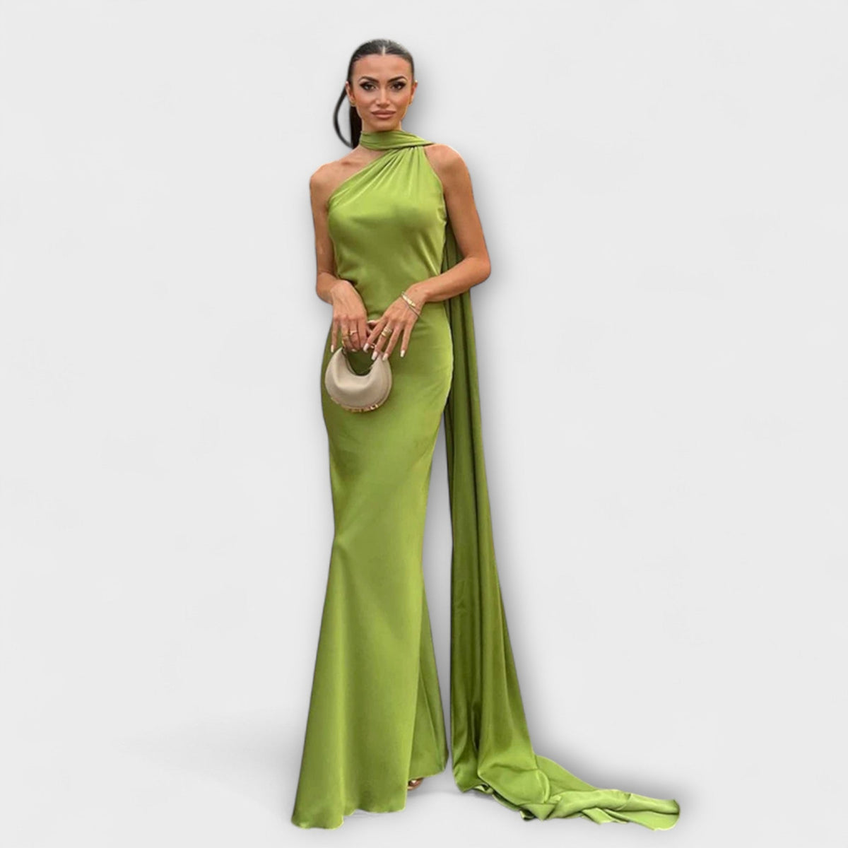 Vestido maxi elegante con hombros descubiertos y lazo al cuello