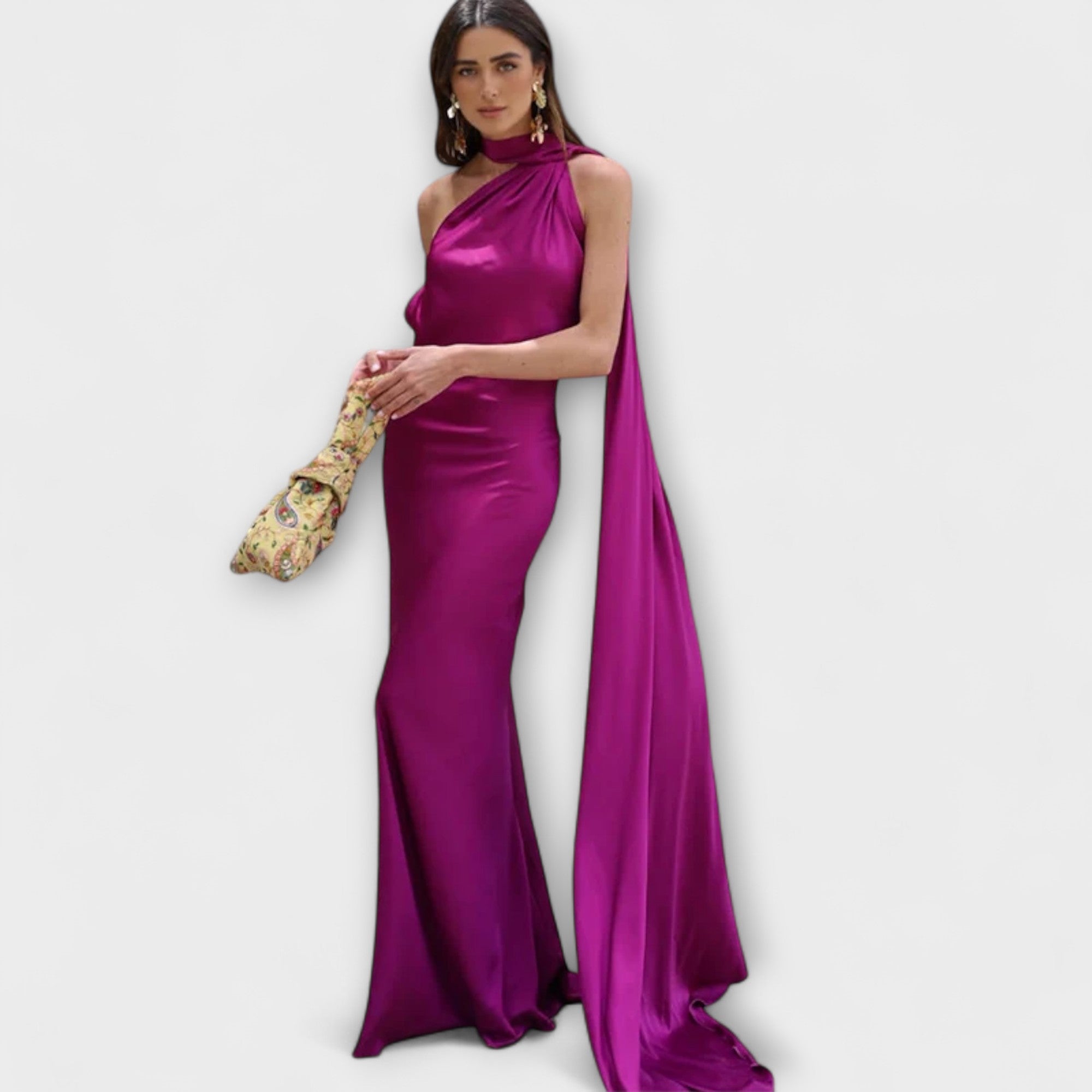 Vestido maxi elegante con hombros descubiertos y lazo al cuello